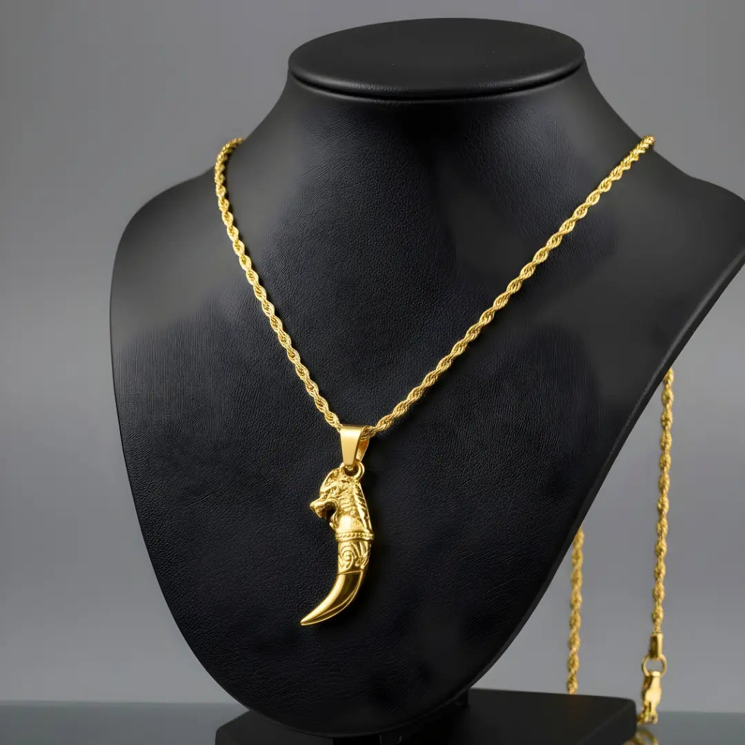 18K Gold Plated Dragon Tooth Pendant Necklace for Men – 54cm Rope Chain with 5cm Cable Extension & Lobster Clasp